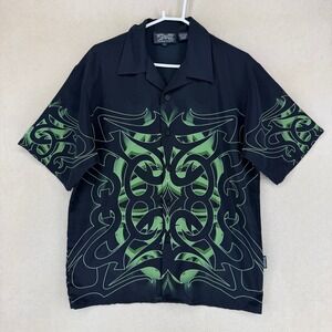 Dragonfly Clothing Company Mens L Black Green Tribal Graphic Button Up Shirt